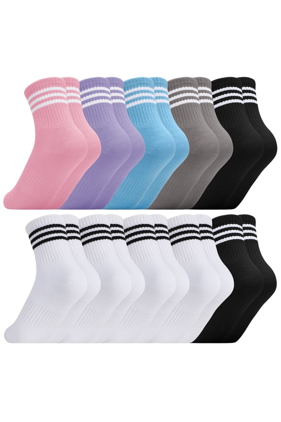 10 Pack Kids Stripe Cotton Crew Socks, Colorful Retro Stripe Athletic Hosiery Socks for Kids 6-9 Years Old