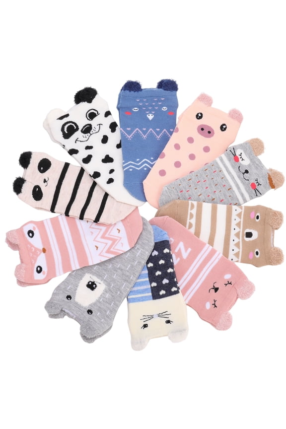 10 Pair Cute Animal No Show Socks for Women, Funny Low Cut Ankle Socks with 3D Ears, Invisible Hidden Cotton Socks for Assorted Animal Designs, US Size 5-8.5