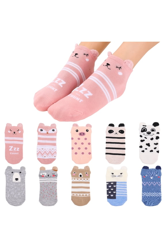10 Pair Cute Animal No Show Socks for Women, Funny Low Cut Ankle Socks with 3D Ears, Invisible Hidden Cotton Socks for Assorted Animal Designs (Panda, Fox, Cat), US Size 5-8.5