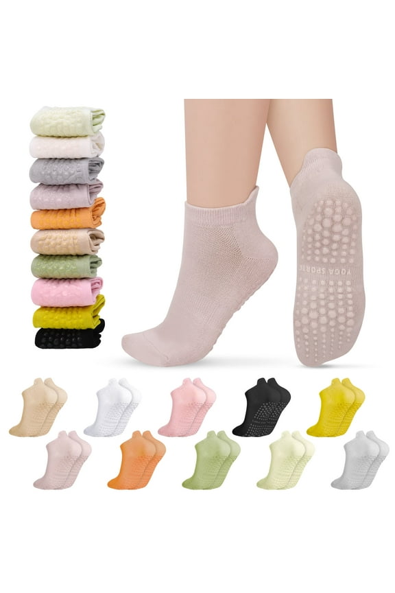 10 Pairs Non-Slip Pilates Socks for Women, Cushioned Yoga Athletic Ankle Socks for Ballet & Barefoot Workout