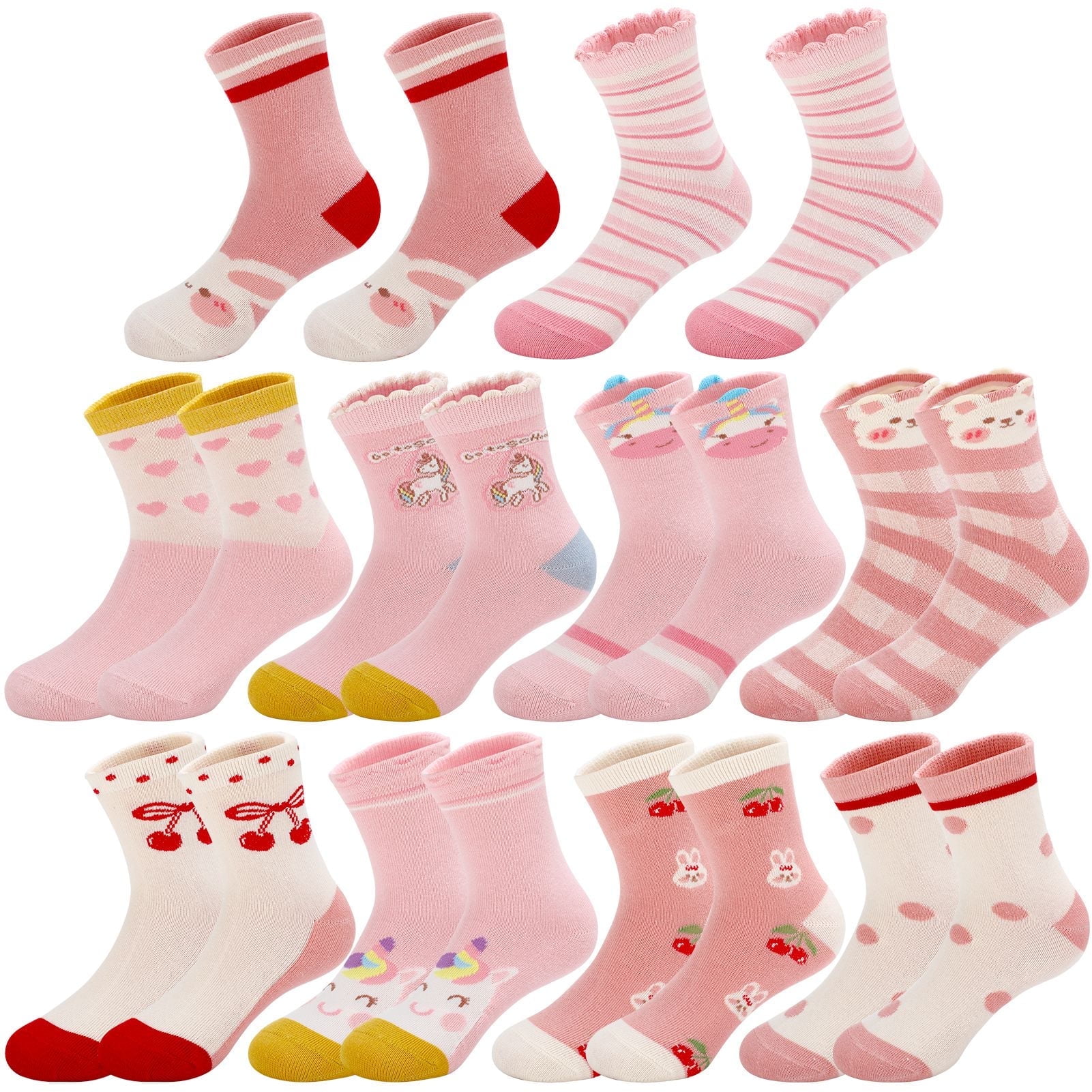 BOCAOYING 10 Pairs Cotton Socks for Girls, Ultimate Cute Crew Socks, Fashion Stretch Socks with Cartoon Animal and Fruit Pattern for Girls 6-8 Years Old