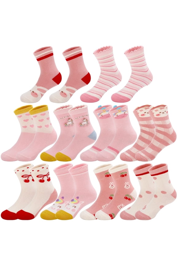 10 Pairs Cotton Socks for Girls, Ultimate Cute Crew Socks, Fashion Stretch Socks with Cartoon Animal and Fruit Pattern for Girls 6-8 Years Old