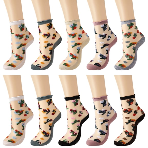 Bocaoying 10 Pairs Women Sheer Floral Mesh Socks, Fancy Nylon Clear Socks with Reinforced Heel Toe, Size 6-9