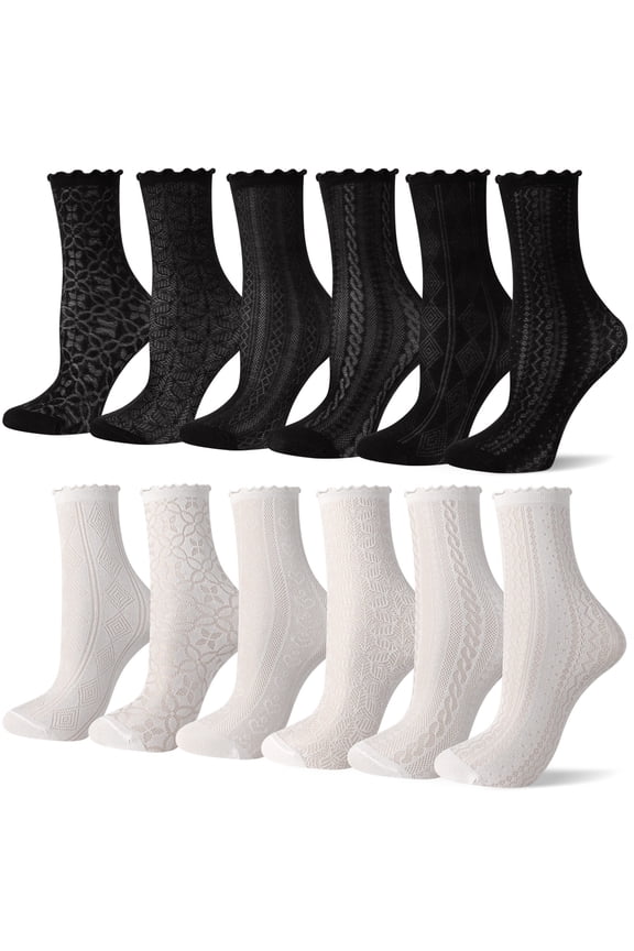 10 Pairs Women's Ruffle Socks 5- 9, Mesh Casual Lace Cotton Ankle Ultra Thin Frilly Crew Socks for Women