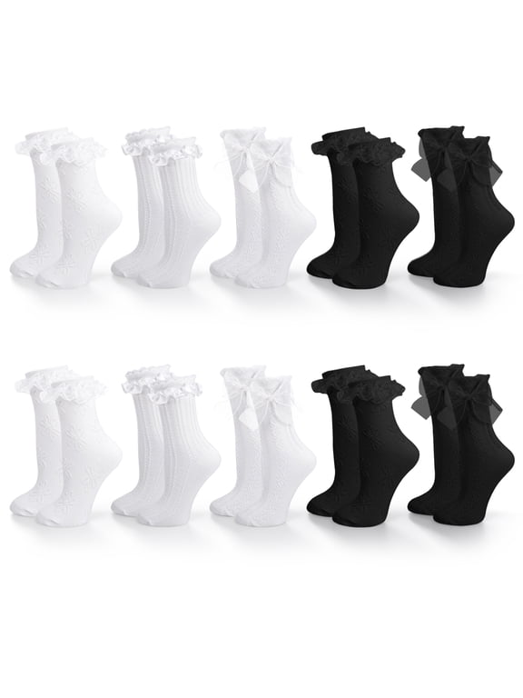 10 Pairs Womens Ruffle Socks, Cute Lace Frilly Socks with Bowties, Sweet Dress Socks Mary Jane Socks (White and Black)