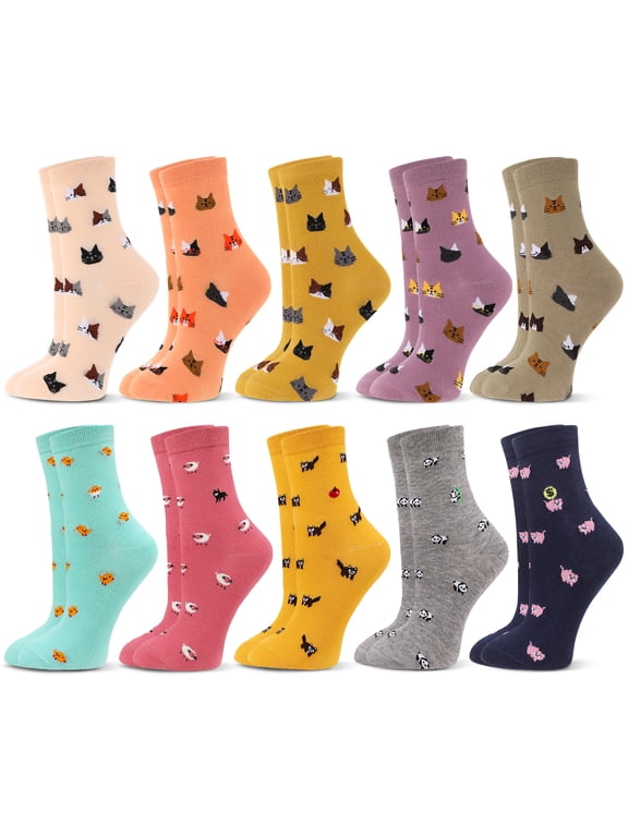 12-Pack Cotton Womens Crew Socks Animal Print Assorted Colors US 5-11