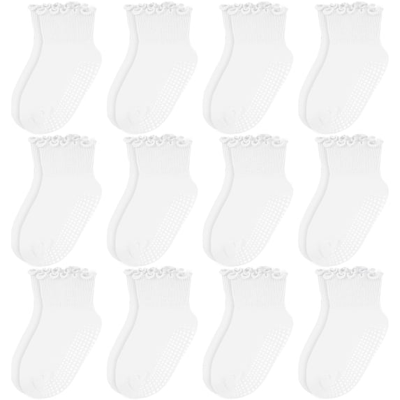 Bocaoying 12-Pack Non-Slip Toddler Socks Cotton Baby Crew Socks Ruffle Cuff White for 1T-3T