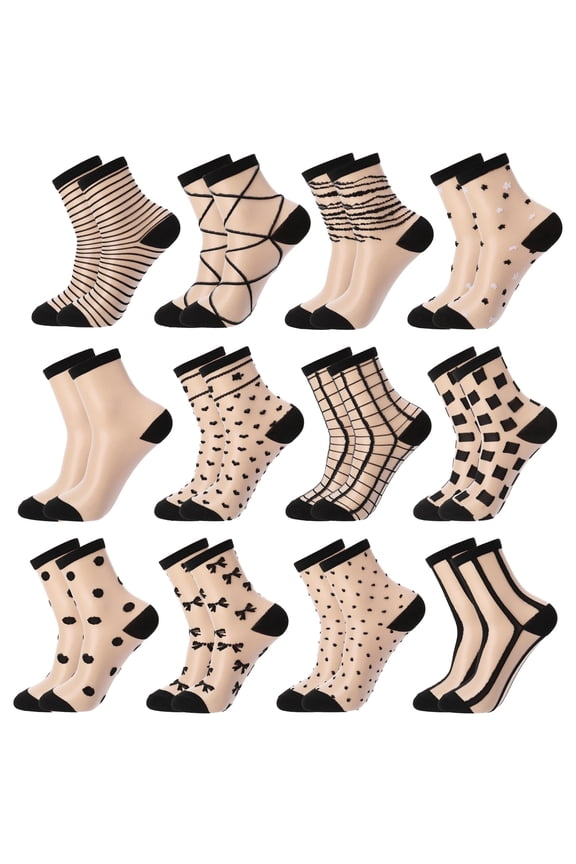 12 Pack Women's Sheer Socks, Nylon Lace Mesh Ankle Socks with Reinforced Heel and Toe, See-Through Dress Socks for Women, Size5-9, Fancy Thin Socks Fits Narrow to Average Feet