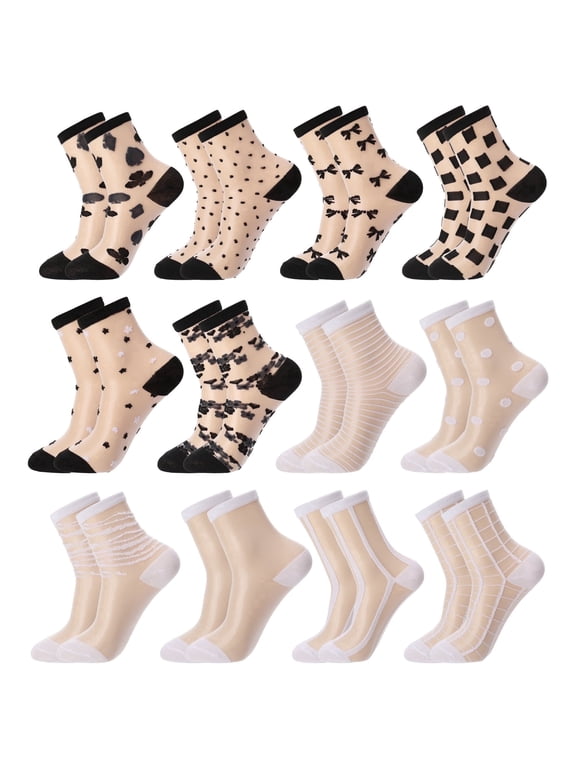 12 Pack Women's Sheer Socks, Nylon Lace Mesh Ankle Socks with Reinforced Heel and Toe, See-Through Dress Socks for Women, Size5-9, Fancy Thin Socks Fits Narrow to Average Feet