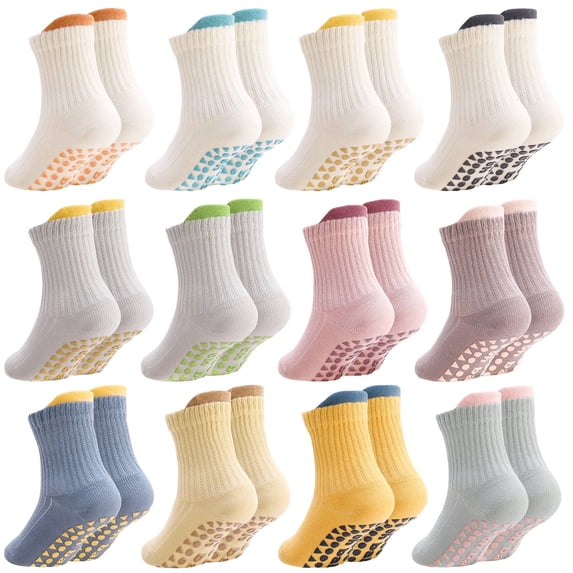Bocaoying 12 Pairs Baby Non Slip Socks, 1-3 Years Toddler Cotton Crew Socks, Soft Breathable Gripper Socks with Pull Tabs for Indoor, Outdoor, Toddler