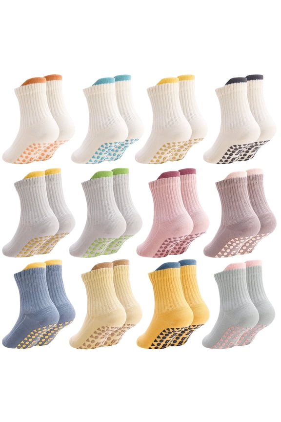 12 Pairs Baby Non Slip Socks, 1-3 Years Toddler Cotton Crew Socks, Soft Breathable Gripper Socks with Pull Tabs for Indoor, Outdoor, Toddler