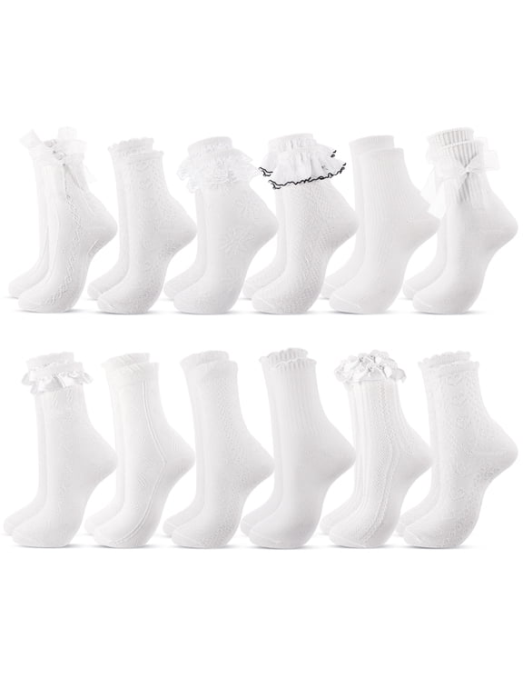 12 Pairs Cute Ruffle Lace Socks for Women Girls, Sweet Frilly Lettuces Sheer Socks with Bow & Heart, Y2K Lolita Gift Set for Daily Wear, 5-10