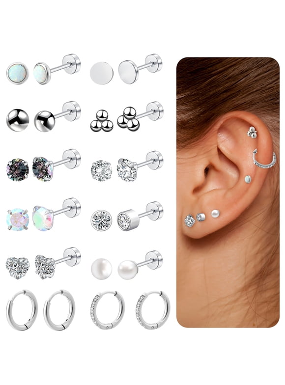 12 Pairs Flat Back Earrings Hypoallergenic, Cartilage Earrings Hoops Set, Helix Piercing Jewelry, 316L Surgical Stainless Steel Studs Earrings, Silver Nickel Lead Free Earring for Women Men