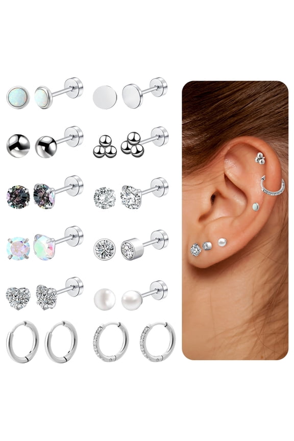 12 Pairs Flat Back Earrings Hypoallergenic, Cartilage Earrings Hoops Set, Helix Piercing Jewelry, 316L Surgical Stainless Steel Studs Earrings, Silver Nickel Lead Free Earring for Women Men
