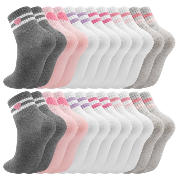 Bocaoying 12 Pairs Girl Crew Athletic Socks, Cotton Socks with Retro Stripes Flower Cartoon Patterns for Kids Running Sport Indoor Outdoor, Aged