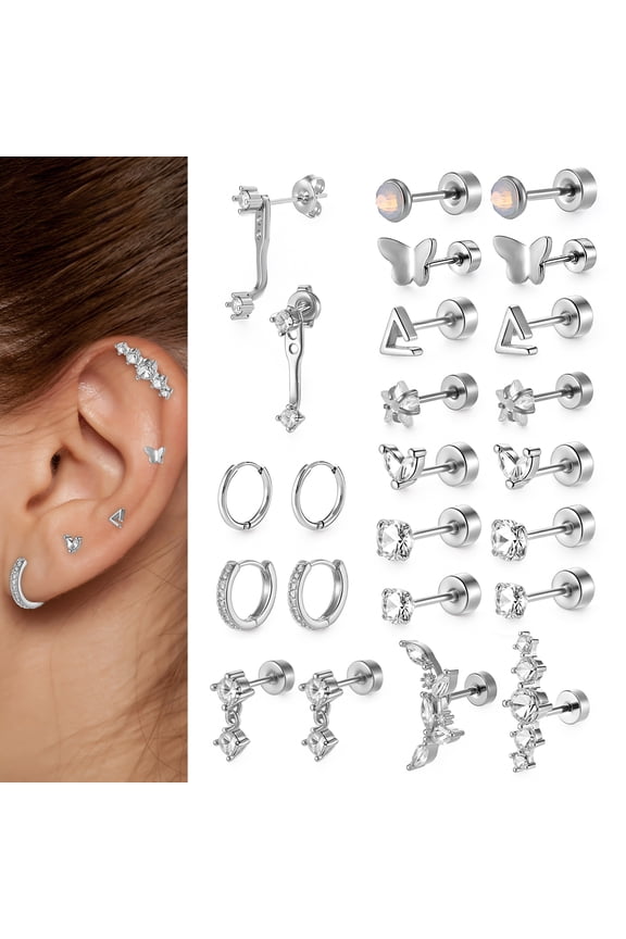 12 Pairs Hypoallergenic Flat Back Earrings, Cartilage Earring Sets for Multiple Piercing, Stainless Steel Earrings for Women Men Trendy Earring Stacks, Small Hoop Flat Back Stud Earrings