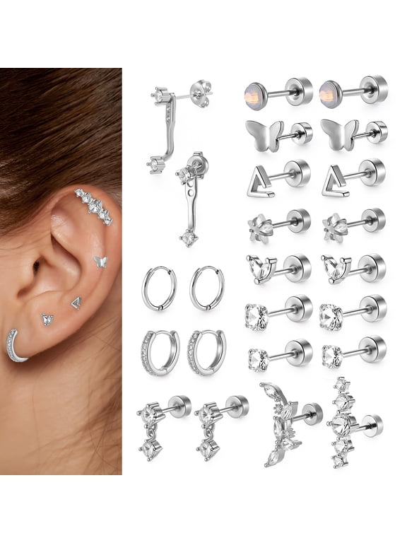12 Pairs Hypoallergenic Flat Back Earrings, Cartilage Earring Sets for Multiple Piercing, Stainless Steel Earrings for Women Men Trendy Earring Stacks, Small Hoop Flat Back Stud Earrings