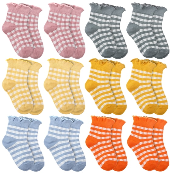 Bocaoying 12 Pairs Ruffle Toddler Socks Girls Soft Cotton Plaid 6-Color Fit 1T-3T