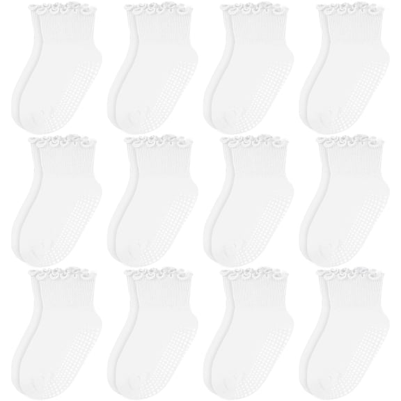 Bocaoying 12-Pack Non-Slip Toddler Socks Cotton Baby Crew Socks Ruffle Cuff White