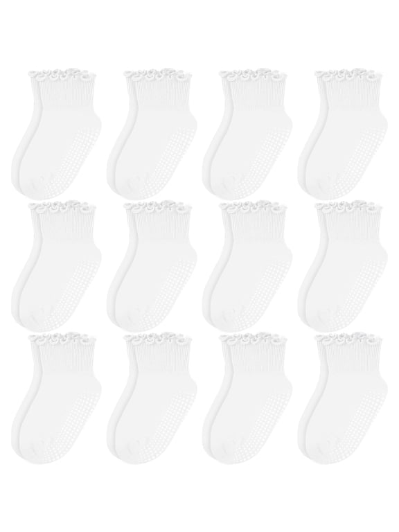12-Pack Non-Slip Toddler Socks Cotton Baby Crew Socks Ruffle Cuff White for 1T-3T