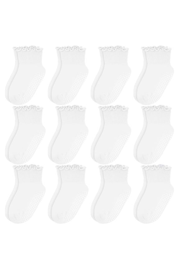 12-Pack Non-Slip Toddler Socks Cotton Baby Crew Socks Ruffle Cuff White for 1T-3T