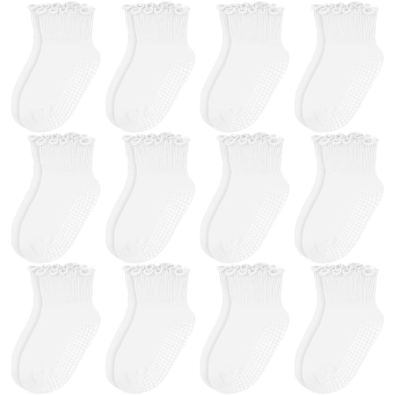 Bocaoying 12-Pack Non-Slip Toddler Socks Cotton Baby Crew Socks Ruffle Cuff White