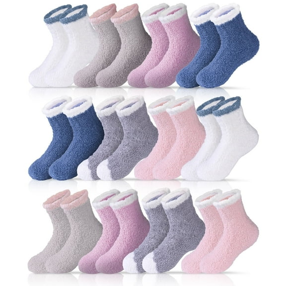 Bocaoying 12 Pairs Women Fuzzy Socks, Cozy Soft Fluffy Slipper Socks, Sleeping Warm Mid-Calf Socks Gift for Girls, Women, Mom(Pure Colors)
