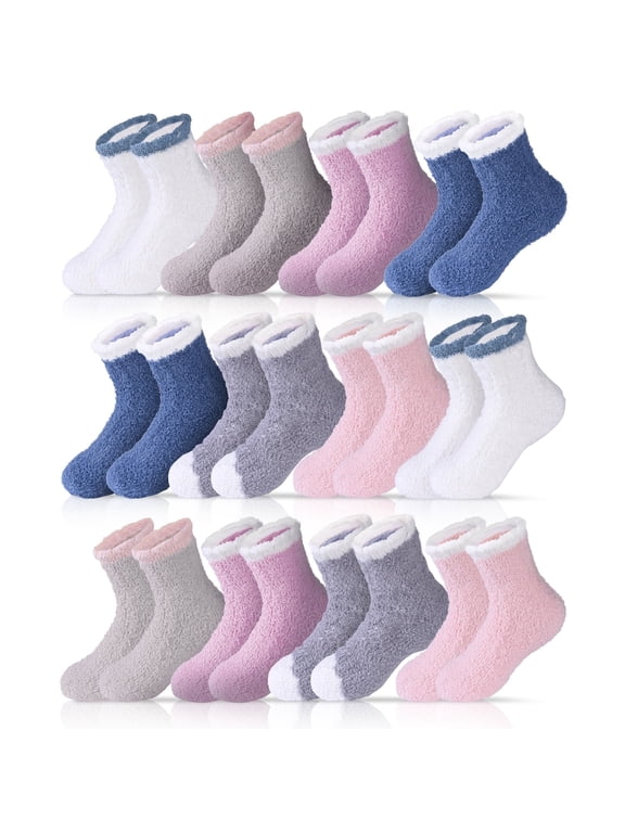 12 Pairs Women Fuzzy Socks, Cozy Soft Fluffy Slipper Socks, Sleeping Warm Mid-Calf Socks Gift for Girls, Women, Mom(Pure Colors)