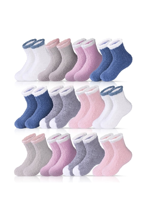 12 Pairs Women Fuzzy Socks, Cozy Soft Fluffy Slipper Socks, Sleeping Warm Mid-Calf Socks Gift for Girls, Women, Mom(Pure Colors)