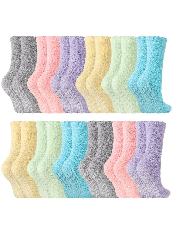 12 Pairs Women Slipper Socks, Non Slip Hospital Socks for Women, Warm Fuzzy Socks with Grips, Soft Coral Fleece Fluffy Socks, One Size Fit All