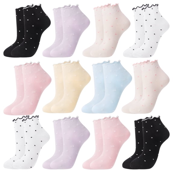 Bocaoying 12 Pairs Women's Ruffle Polka Dot Ankle Socks, Cute Low-Cut Lettuces Socks, Breathable Casual Short Socks for Outdoor, 5.5-8.5, Black, Blue, Pink, Light Purple, White, Yellow