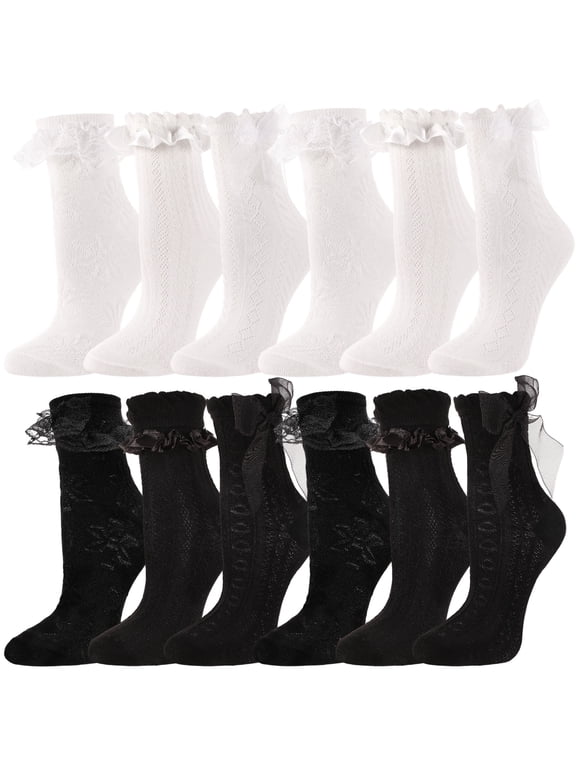 12 Pairs Womens Ruffle Socks, Cute Lace Socks with Bowties, Comfortable Frilly Socks, Lettuce Socks, Princess Style Dress Crew Socks Lolita Gift for Ladies Girls, White and Black