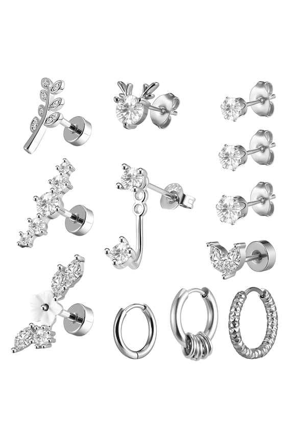 12 Pcs Flat Back Earrings Hypoallergenic, Cartilage Earrings Set for Women Men, Stainless Steel Studs Earrings, Helix Piercing Jewelry, Surgical Steel Earrings, Silver Nickel Free Earrings