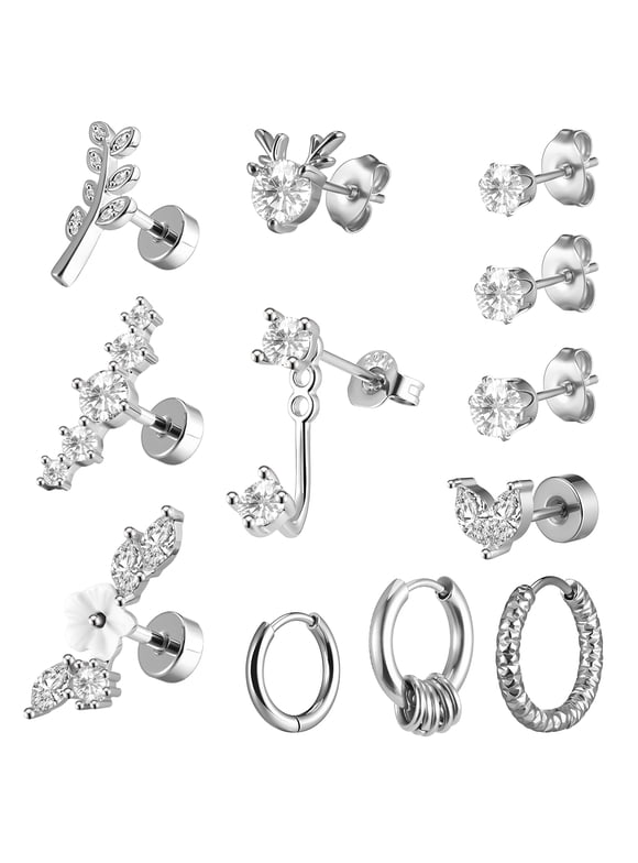 12 Pcs Flat Back Earrings Hypoallergenic, Cartilage Earrings Set for Women Men, Stainless Steel Studs Earrings, Helix Piercing Jewelry, Surgical Steel Earrings, Silver Nickel Free Earrings