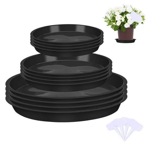 Bocaoying 12 Pcs Plastic Plant Saucer Tray, 5.5 / 6.3 / 9.5 Inch Flower Pot Plant Drip Pans with 12 Pcs Labels for Indoors Outdoors, Heavy Durable Round Plant Plate Water Catcher(Black)