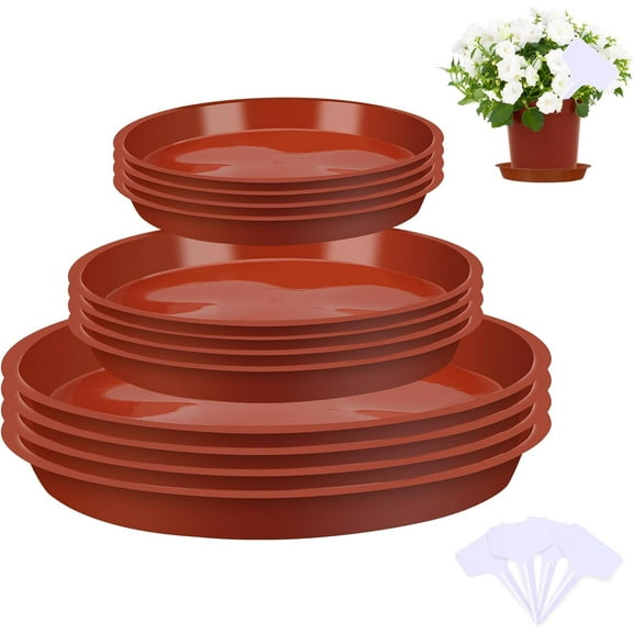 Bocaoying 12 Pcs Plastic Plant Saucer Tray, 5.5 / 6.3 / 9.5 Inch Plant Drip Pans Tray To Catch Water with 12 Pcs Labels, Heavy Duty Plant Pot Trays  for Indoors Outdoors