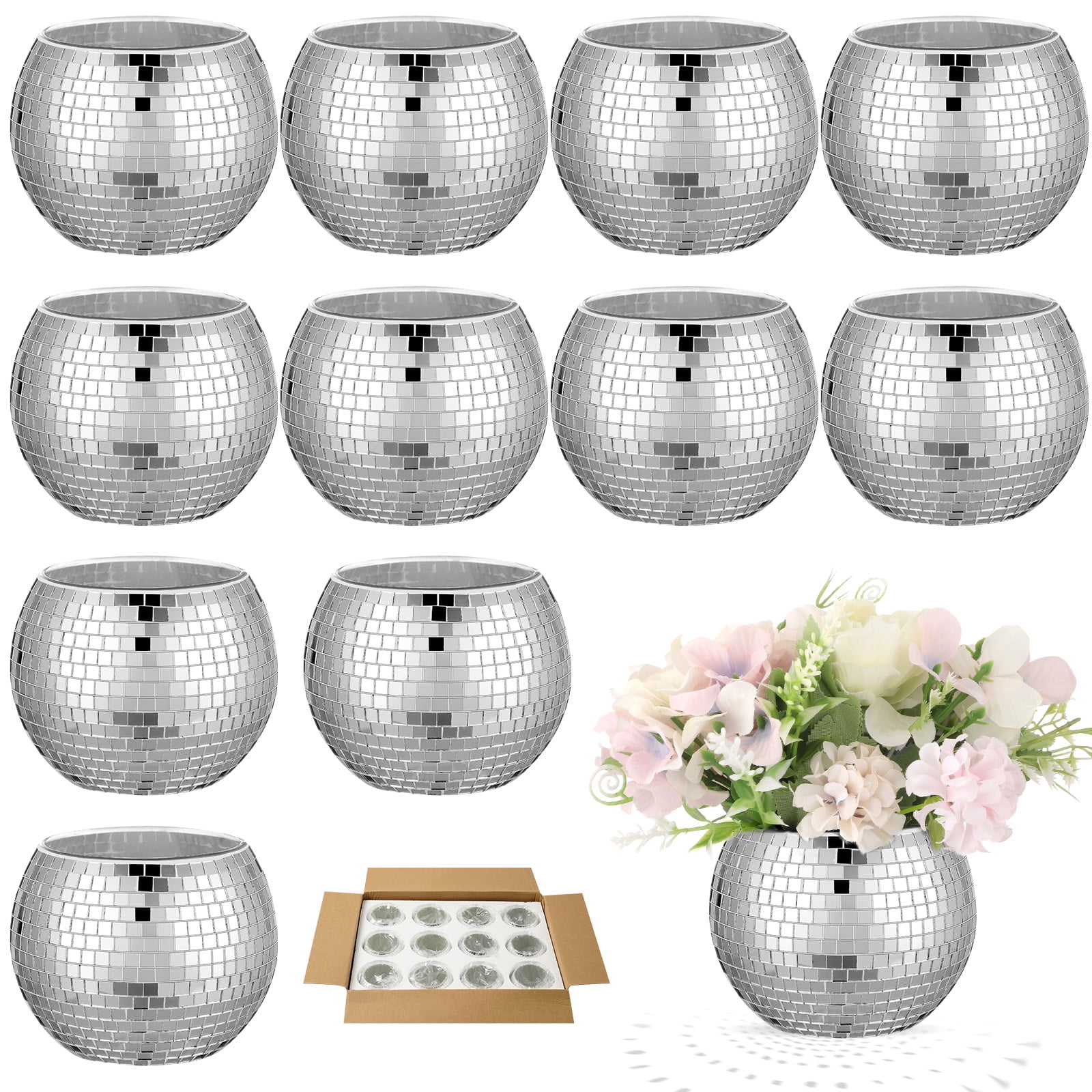 Bocaoying 12 Pcs Silver Disco Ball Vase, Decorative Table Decor, Glass
