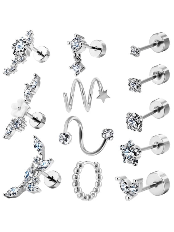 12Pcs Cartilage Earrings Set for Women - 316L Stainless Steel Surgical Steel Helix Hoops & CZ Studs for Tragus/Conch, Hypoallergenic Piercing Jewelry