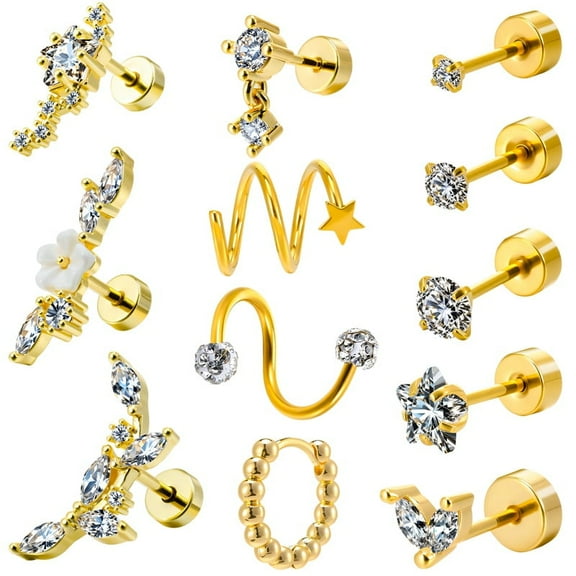 Bocaoying 12Pcs Cartilage Earrings Set for Women - 316L Stainless Steel Surgical Steel Helix Hoops & CZ Studs for Tragus/Conch, Hypoallergenic Piercing Jewelry