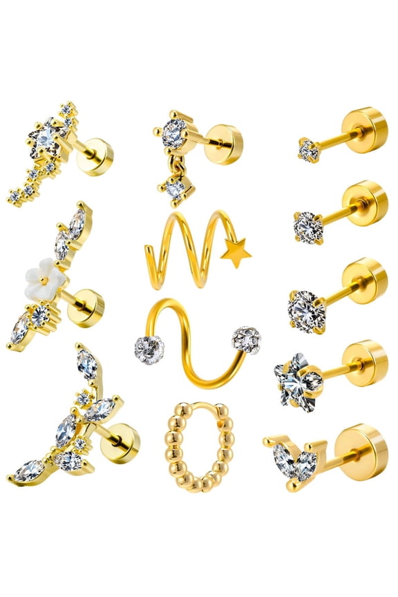 12Pcs Cartilage Earrings Set for Women - 316L Stainless Steel Surgical Steel Helix Hoops & CZ Studs for Tragus/Conch, Hypoallergenic Piercing Jewelry