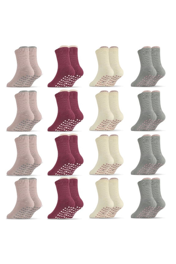 16-Pack Toddler Non-Slip Crew Socks Combed Cotton with Gripper and Heel Tab 4-Color for 1-3T