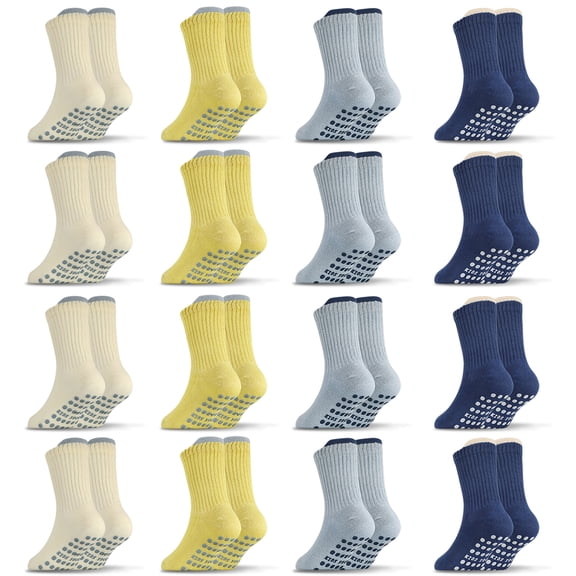 Bocaoying 16-Pack Toddler Non-Slip Crew Socks Combed Cotton with Gripper and Heel Tab 4-Color for 1-3T