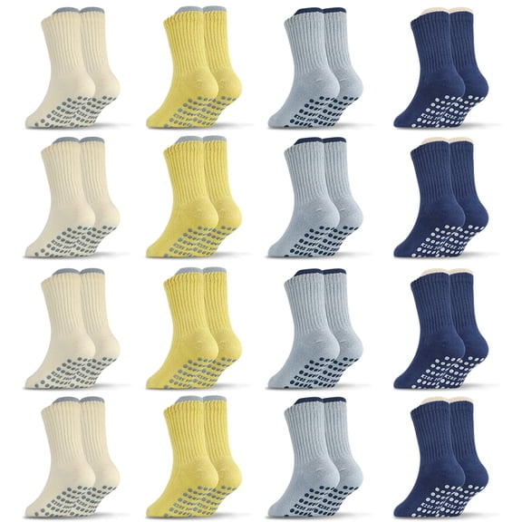 Bocaoying 16-Pack Toddler Non-Slip Crew Socks Combed Cotton with Gripper and Heel Tab 4-Color for 1-3T