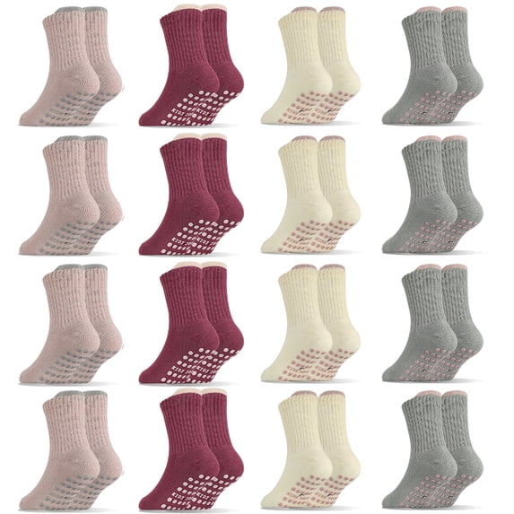 Bocaoying 16-Pack Toddler Non-Slip Crew Socks Combed Cotton with Gripper and Heel Tab 4-Color for 1-3T