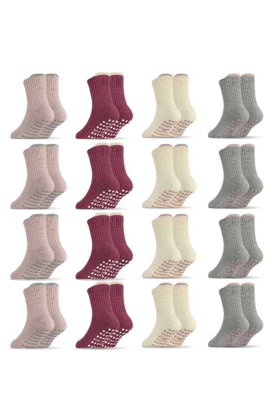 16-Pack Toddler Non-Slip Crew Socks Combed Cotton with Gripper and Heel Tab 4-Color for 1-3T