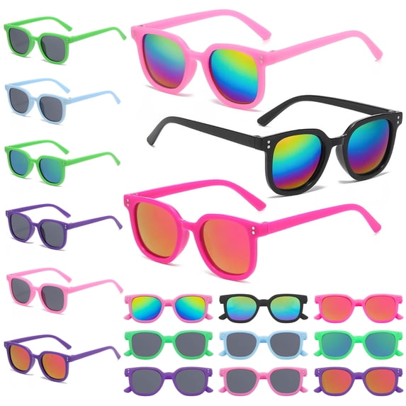 Bocaoying 18 Pack Kids Sunglasses Bulk, Neon & 80s Retro Style, Summer Beach Pool & Birthday Party Favors for Boys Girls Ages 3-8