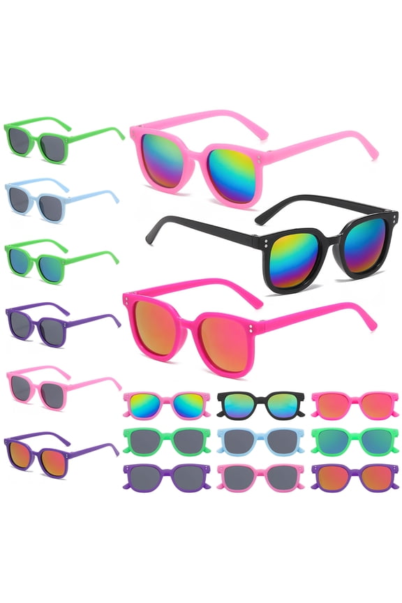 18 Pack Kids Sunglasses Bulk, Neon & 80s Retro Style, Summer Beach Pool & Birthday Party Favors for Boys Girls Ages 3-8