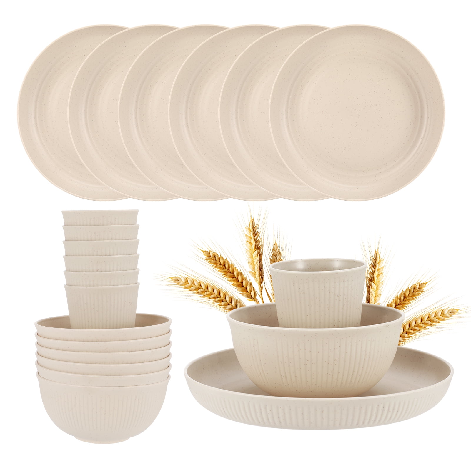 Bocaoying Wheat Straw Dinnerware Set, 18 Pcs Plates Bowls Cups ...