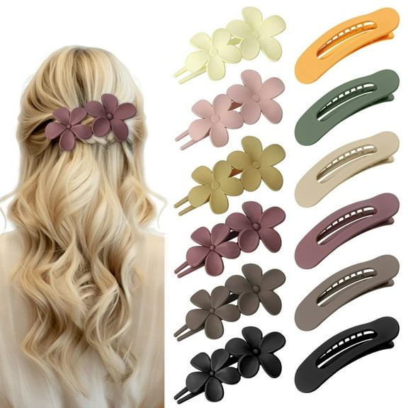 Bocaoying 18PCS Plumeria Flower and Flat Hair Clips for Women, Large Non-Slip Matte Claw Clips, Strong Hold Hair Accessories for Thick Hair, Beach, Wedding, Party