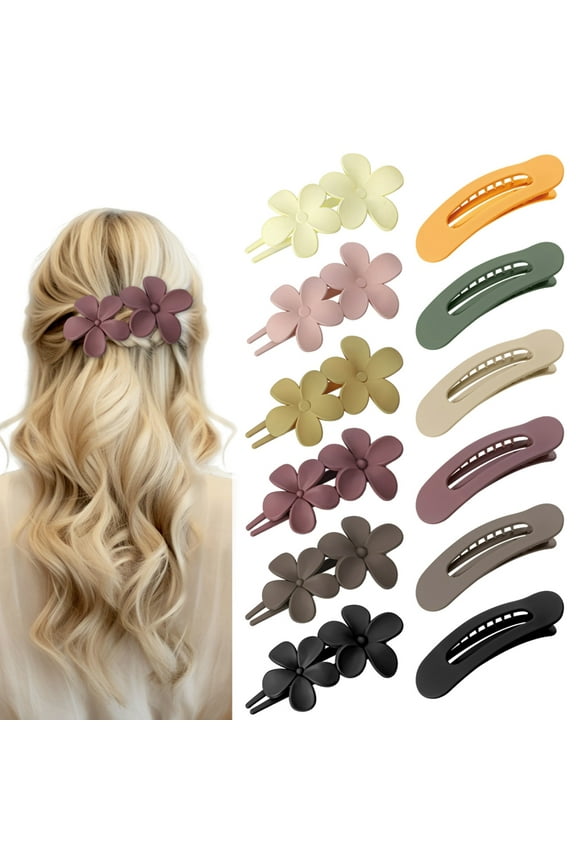 18PCS Plumeria Flower and Flat Hair Clips for Women, Large Non-Slip Matte Claw Clips, Strong Hold Hair Accessories for Thick Hair, Beach, Wedding, Party